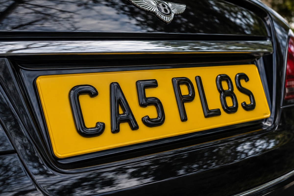 Close-up of a 3D gel rear number plate showing raised, domed black characters